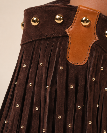 Bruine suède sandalen met franjes en studs-Nava
