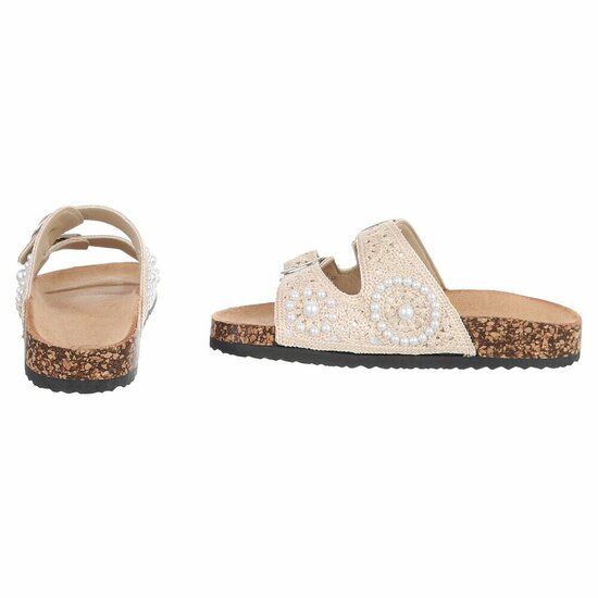 Beige dames slippers met pareldetails en gespen-Corry
