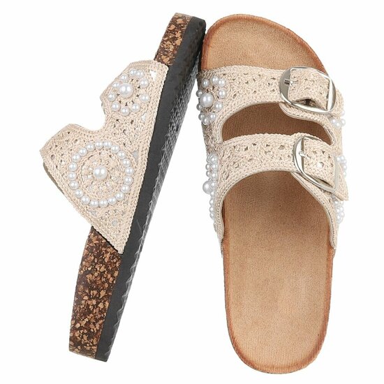 Beige dames slippers met pareldetails en gespen-Corry