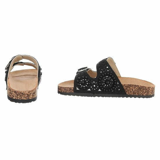 Zwarte dames slippers met pareldetails en gespen-Corry