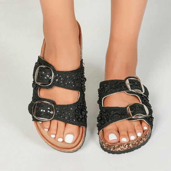Zwarte dames slippers met pareldetails en gespen-Corry