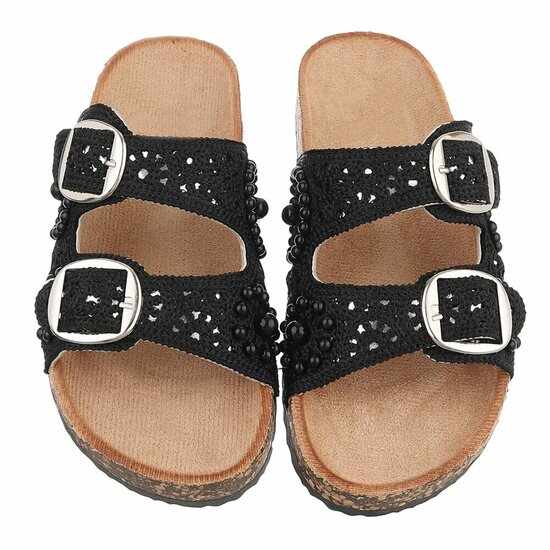 Zwarte dames slippers met pareldetails en gespen-Corry
