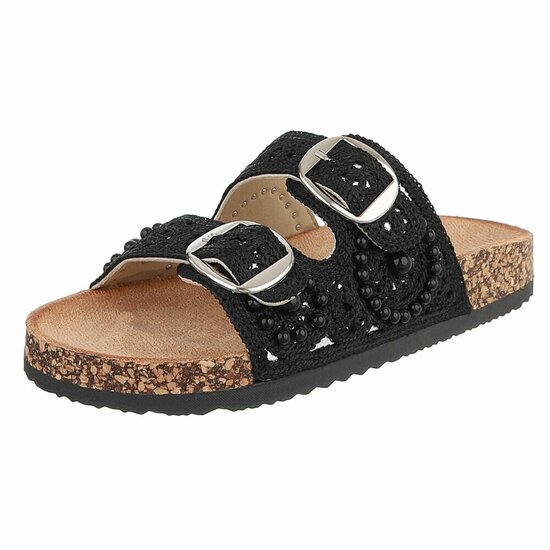 Zwarte dames slippers met pareldetails en gespen-Corry