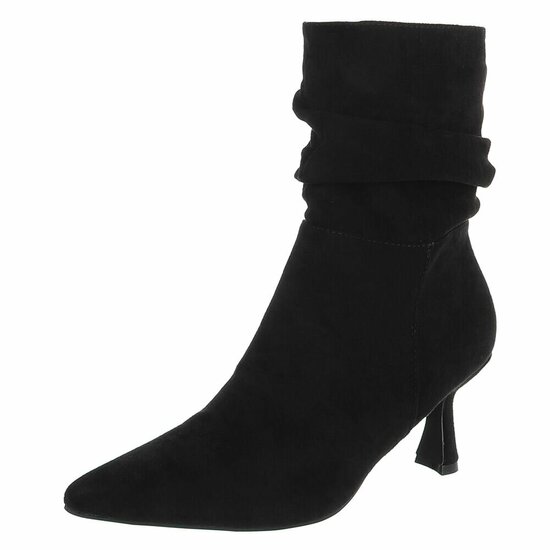 Zwarte suede enkellaarzen met hak en spitse neus-Gazal