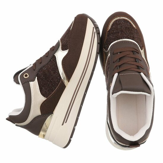 Bruine sneakers met plateauzool en glitteraccenten-Ursula