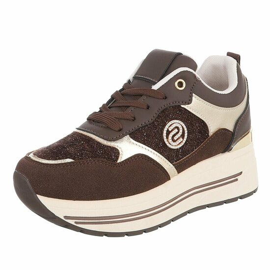 Bruine sneakers met plateauzool en glitteraccenten-Ursula