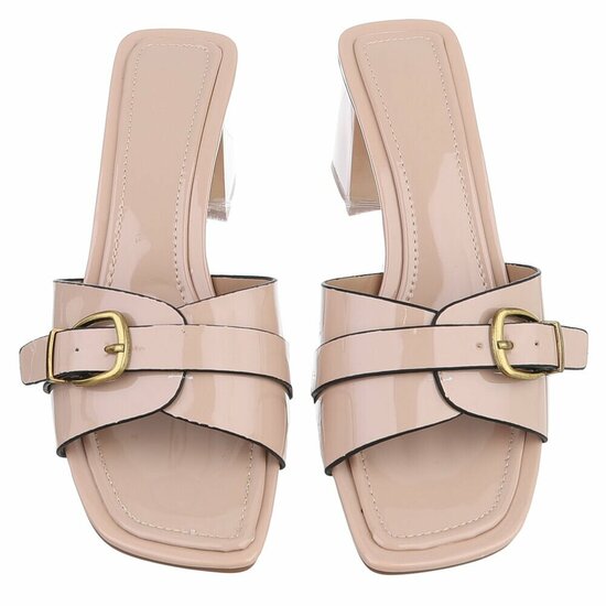 Elegante beige muiltjes met gesp en blokhak-Lucy