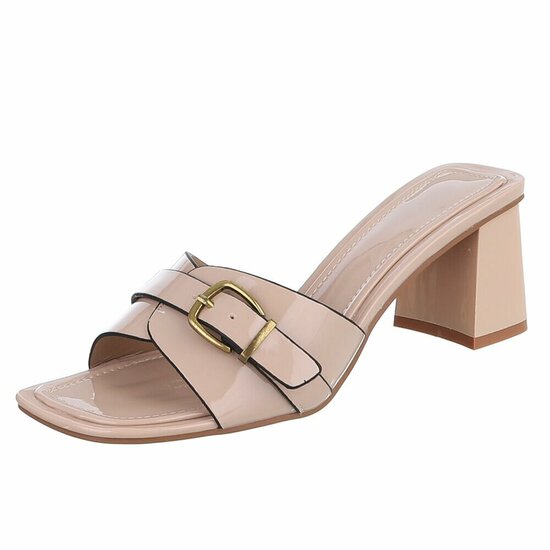 Elegante beige muiltjes met gesp en blokhak-Lucy