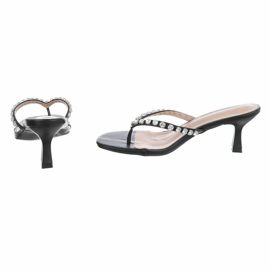 Zwarte teenslippers met strass en elegante hak-Orea