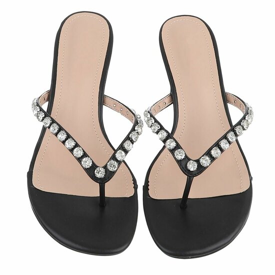 Zwarte teenslippers met strass en elegante hak-Orea