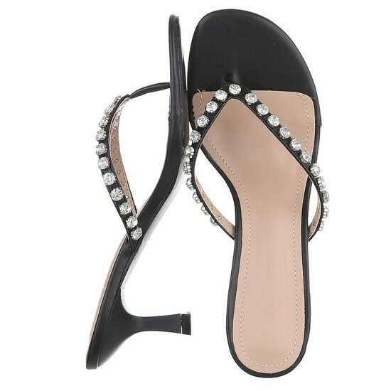Zwarte teenslippers met strass en elegante hak-Orea