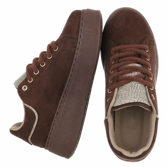 Bruine sneakers met strassdetails en plateauzool-Marcy