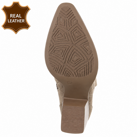 Taupe leren western enkellaarsjes met hak-Antina