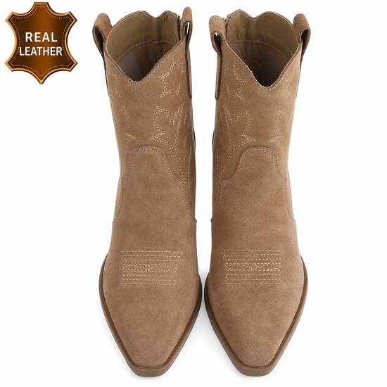 Taupe leren western enkellaarsjes met hak-Antina