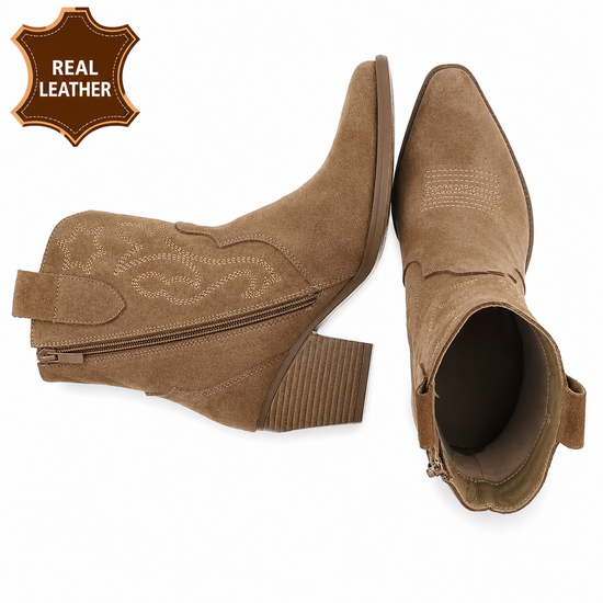 Taupe leren western enkellaarsjes met hak-Antina