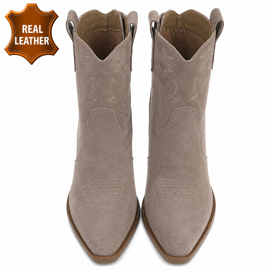 Kaki leren western enkellaarsjes met hak-Antina