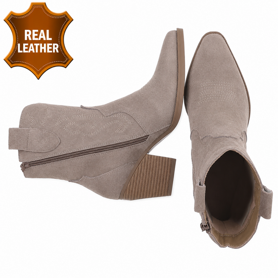 Kaki leren western enkellaarsjes met hak-Antina