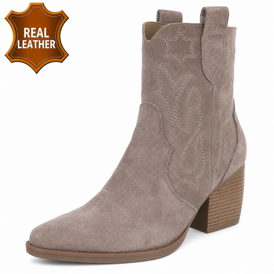 Kaki leren western enkellaarsjes met hak-Antina