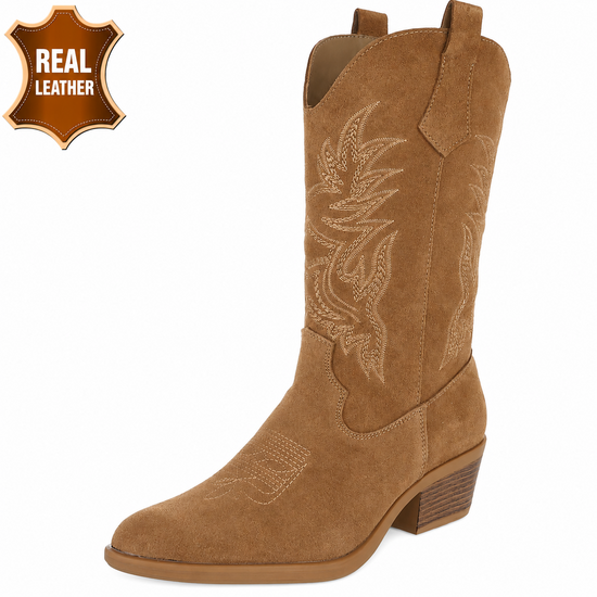 Taupe westernlaars van echt leer met sierstiksels-Brinda