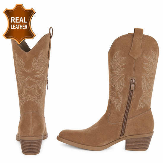 Taupe westernlaars van echt leer met sierstiksels-Brinda