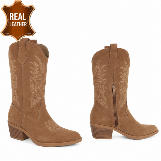 Taupe westernlaars van echt leer met sierstiksels-Brinda