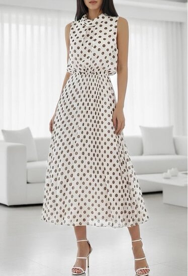Crèmekleurige midi jurk met bruine stippenprint en plissérok