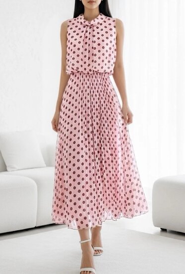 Roze midi jurk met donkerroze stippenprint en plissérok  SOLD OUT