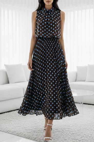 Bruine midi jurk met lichtblauwe stippenprint en plissérok   SOLD OUT
