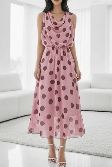 Roze midi jurk met stippen en watervalhals 