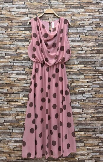 Roze midi jurk met stippen en watervalhals 
