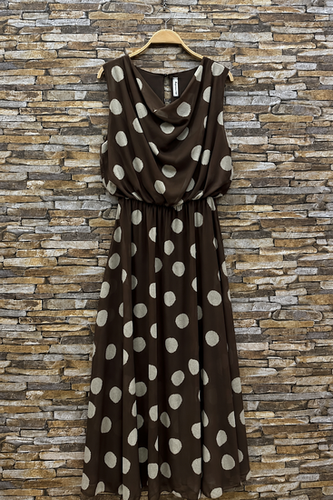 Bruine midi jurk met stippen en watervalhals  SOLD OUT