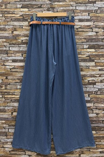 Donkerblauwe palazzo broek in lyocell denim met riem