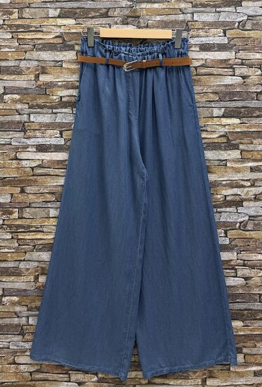 Donkerblauwe palazzo broek in lyocell denim met riem