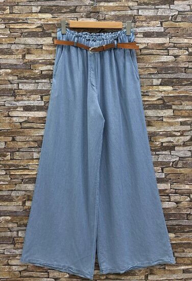 Lichtblauwe palazzo broek in lyocell denim met riem