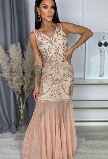 Stylish champagne galajurk met sequins en parels