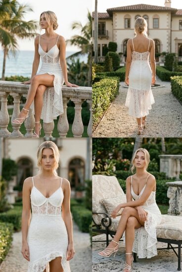 Witte kanten midi jurk met asymmetrische zoom