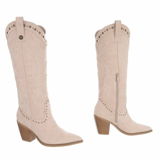 Beige westernlaarzen met borduursel en studs-Paloma