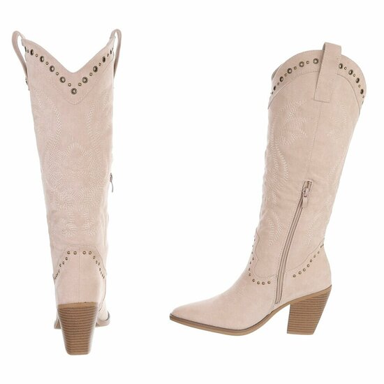 Beige westernlaarzen met borduursel en studs-Paloma