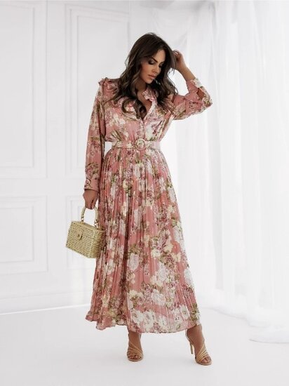 Elegante roze maxi jurk met bloemenprint