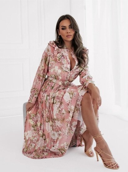 Elegante roze maxi jurk met bloemenprint