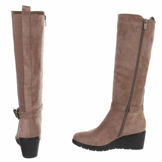 Taupe suède stretch laarzen met sleehak en gesp-Janella