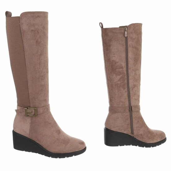Taupe suède stretch laarzen met sleehak en gesp-Janella