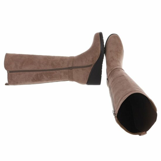 Taupe suède stretch laarzen met sleehak en gesp-Janella