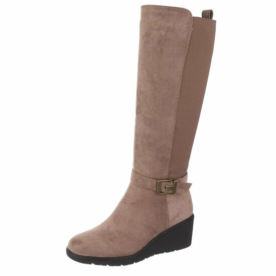 Taupe suède stretch laarzen met sleehak en gesp-Janella