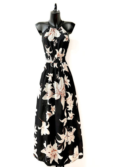 Trendy en chique armloze maxi halterjurk in zwart-wit