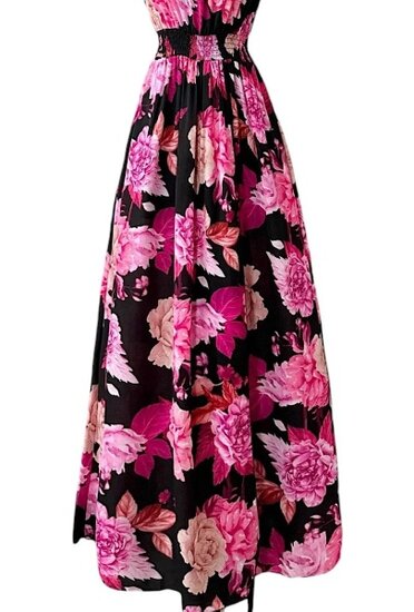 Trendy en chique armloze maxi halterjurk in rose-zwart