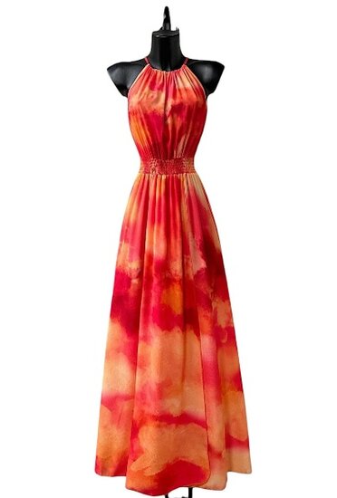 Trendy en chique armloze maxi halterjurk in oranje-rood