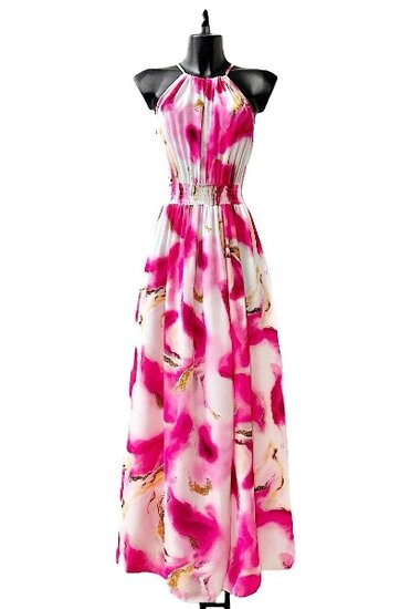 Trendy en chique armloze maxi halterjurk in fuchsia-beige