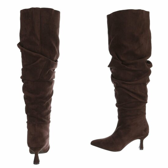 Donkerbruine suede overkneelaarzen met plooischacht en naaldhak-Laurana