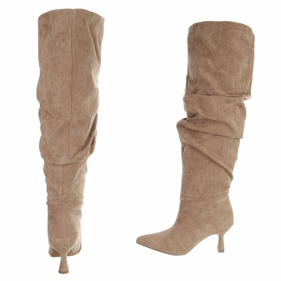 Kaki suede overkneelaarzen met plooischacht en naaldhak-Laurana